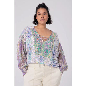 Anthropologie Odetta Embroidered Floral Lace-Up Puff Sleeve Top 1X Peasant